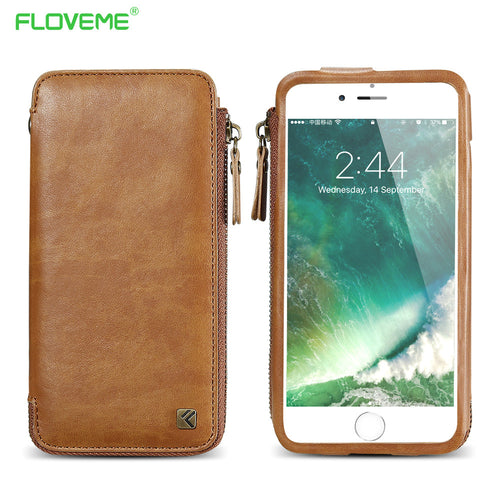 FLOVEME Vintage Wallet Case for iPhone 6 6S 7 Plus Leather Cover Zipper Handbag Card Holder Retro Phone Cases for iPhone 6 6S 7